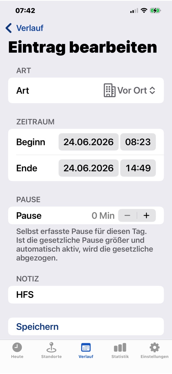 Eintrag bearbeiten mit Zeitraum und Pause