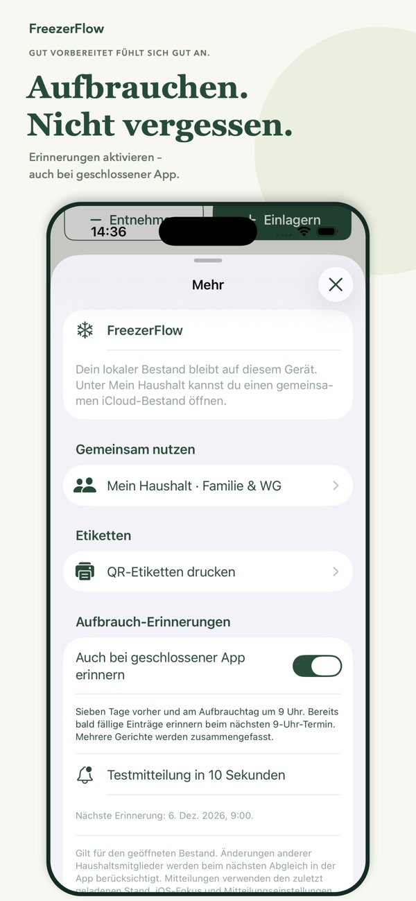 Einstellungen für Aufbrauch-Erinnerungen und Haushaltsfreigabe