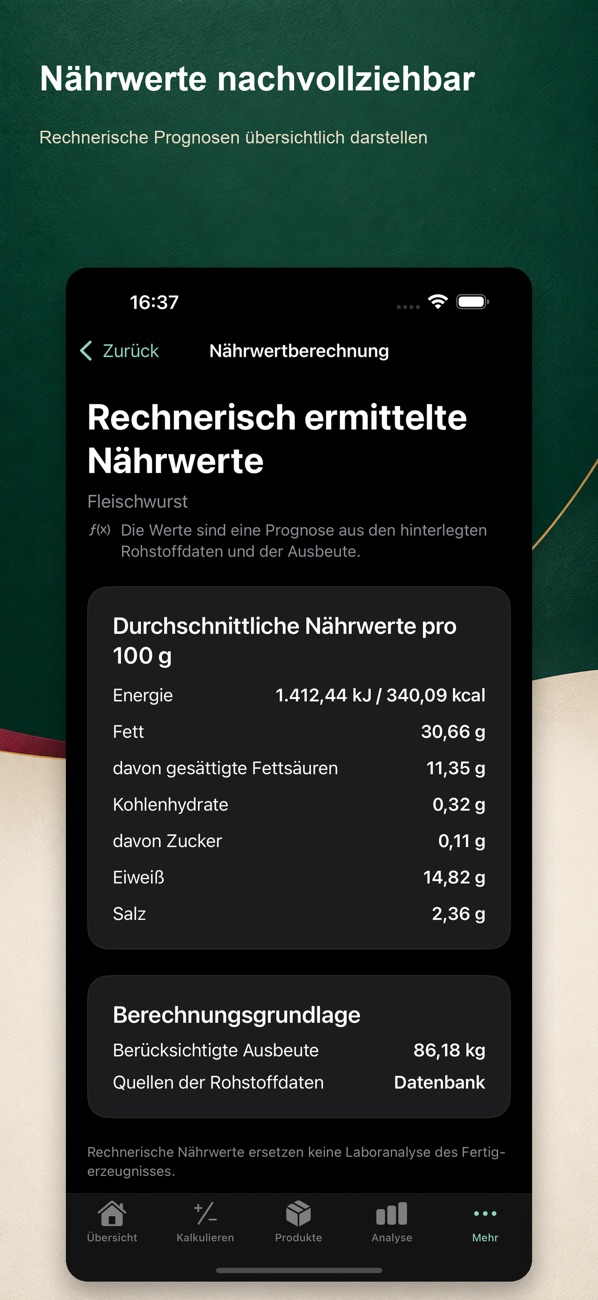 Rechnerisch ermittelte Nährwerte pro 100 Gramm