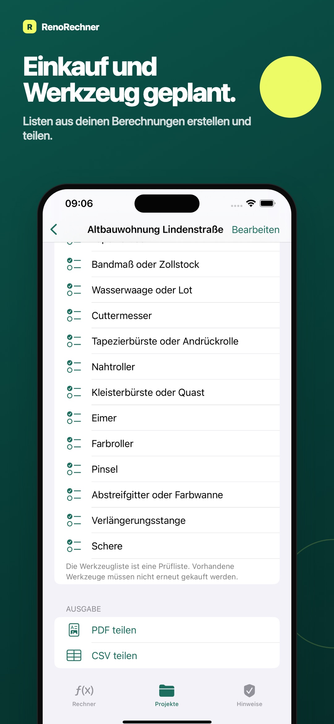 Werkzeug-Prüfliste mit Ausgabe als PDF und CSV